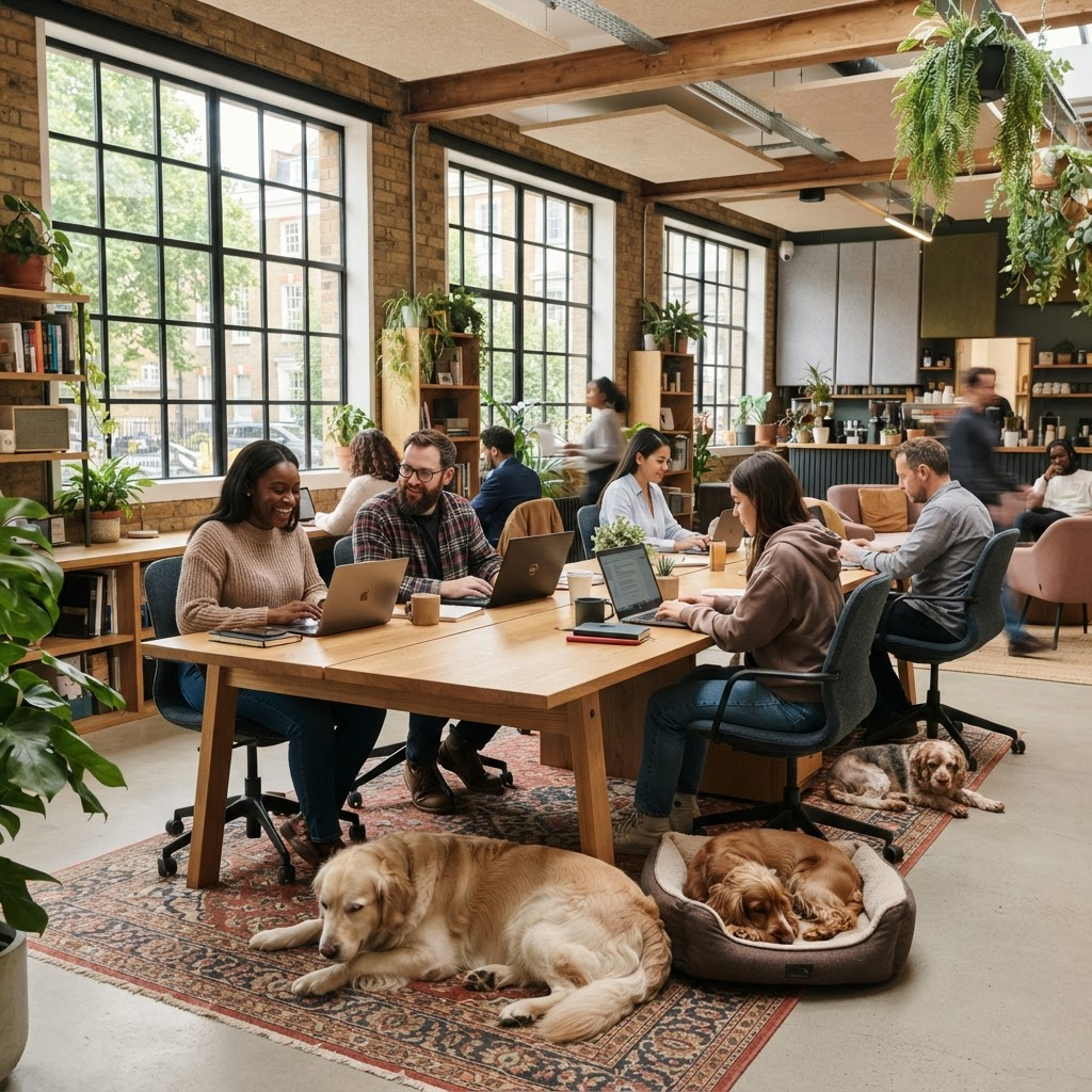 People working alongside dogs in a dog-friendly coworking space
