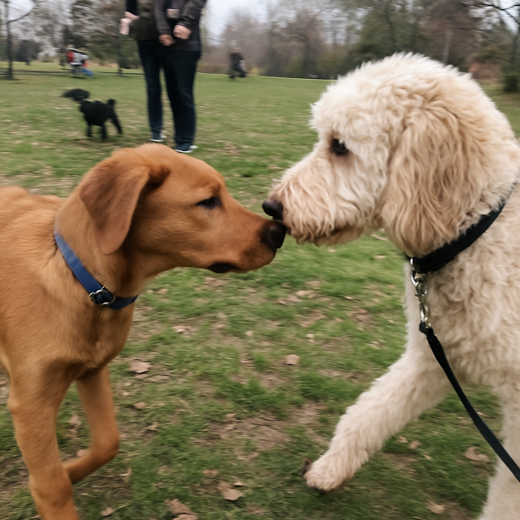 Two dogs greeting each other at a park meetup